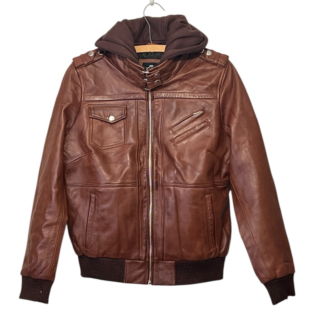 Real Leather Bomber Jacket, Men’s, Removable‎ Hood, Pockets, Zip Closure, Large